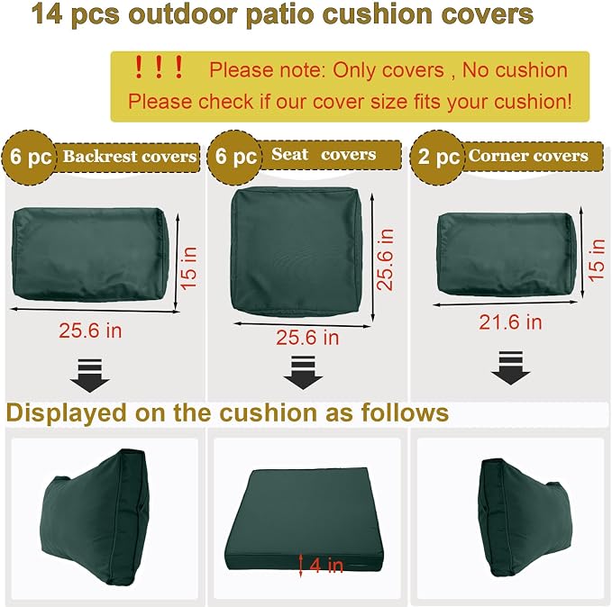 14 Piece Outdoor Patio Cushion Cover Replacement, Waterproof Patio Cushion Covers, Outdoor Furniture Cushion Covers Set for 6 Seat Wicker Rattan Sofa (Deep Green)