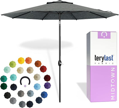 Midtown Umbrellas - 10-Year-No-Fade 9 Ft Patio Umbrella with Terylast Fabric, Auto-Tilt Aluminum Frame and 8 Reinforced Ribs for Deck, Pool, Garden & Beach - Geige Canopy, Black Pole