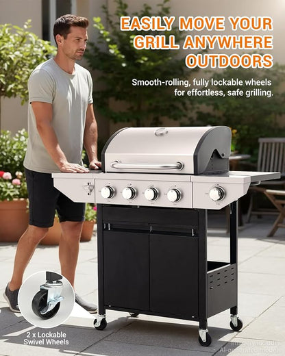 EUHOME 4-Burner Propane Gas BBQ Grill with Side Burner, 46,500 BTU Stainless Steel Outdoor BBQ with Enameled Cast Iron Grates & Foldable Side Tables for Patio, Backyard, and Outdoor Cooking