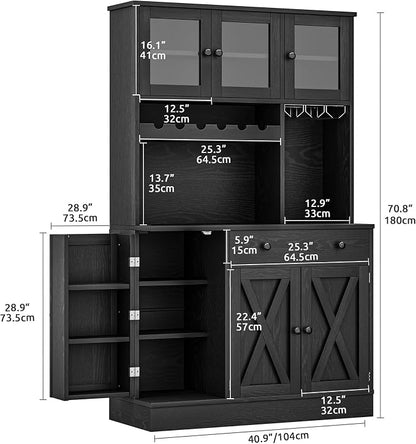 DWVO 71''H Pantry Cabinet with Drawer, Doors, Goblet Holder, Wine Rack for Storage, Pantry Cabinet with Power Outlet for Kitchen & Living Room (Black Oak) | Tall Cabinet with Doors, Shelves & Drawer, Buffet Cabinet with Goblet Holder and Wine Rack for ...