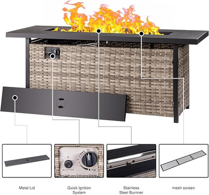 EcoNook 57 inch Propane fire Pit Table with Waterproof Cover & Ratten Side Panel, 50000 BTU Gas Firepit Table with Lid & Lava Rock, Outdoor Fire Pit for Dining or Party, Firepit for Outside, Patio
