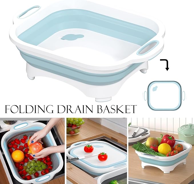 Collapsible Cutting Board, HI NINGER Foldable Chopping Board Multifunction Chopping Board, Space Saving 3 in 1 Multifunction Storage Basket, Chopping&Slicing Board for Prep/Picnic/Camping (Sky blue)
