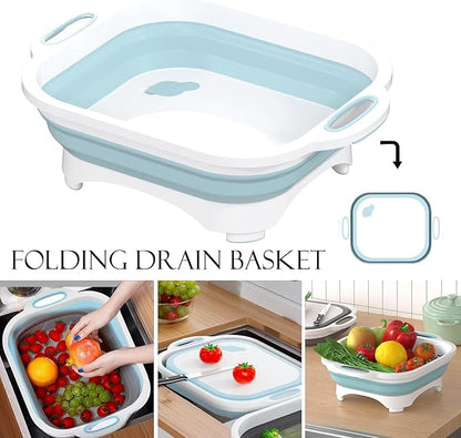 Collapsible Cutting Board, HI NINGER Foldable Chopping Board Multifunction Chopping Board, Space Saving 3 in 1 Multifunction Storage Basket, Chopping&Slicing Board for Prep/Picnic/Camping (Sky blue)