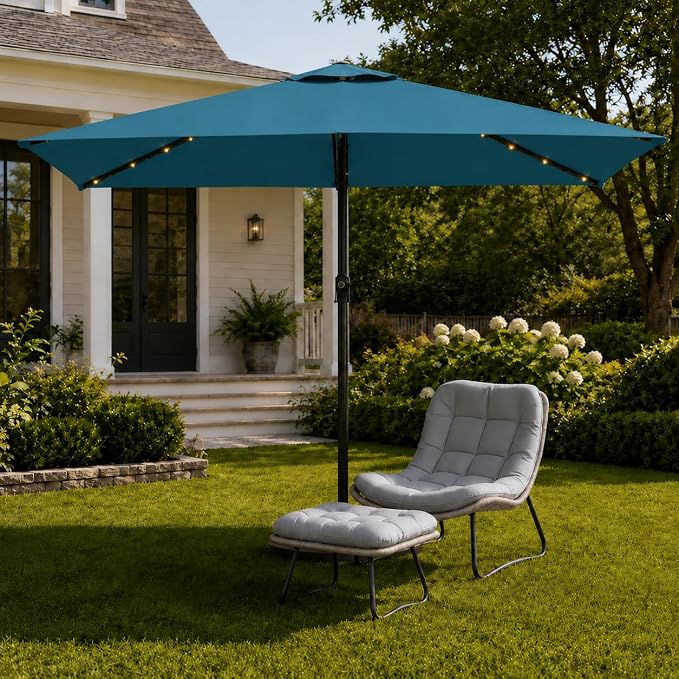 6.5 x 10ft Rectangular Patio Umbrella with Solar Lights, 16 LED Lighted Market Umbrella with Push-Button Tilt and Crank, 6 Sturdy Iron Ribs for Garden, Deck, Pool, Lake Blue