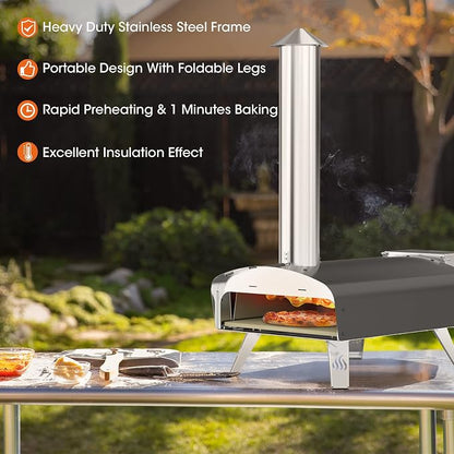 Mimiuo 12" Wood Pellet Pizza Oven Outdoor 35 Lbs – 60 Sec Bake, Stone/Peel | Heavy Duty, Portable, Complete Baking Tool with Stone, Peel & Cover, Easy Operation, for Backyard Party Outside Camping