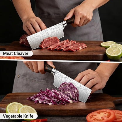 Nakiri Knife 7 Inch Sharp Meat Cleaver and Vegetable Kitchen Knife Damascus Asian Chef Knife for Home and Kitchen with Ergonomic Handle High Carbon Stainless Steel knife Chef Cooking Gift
