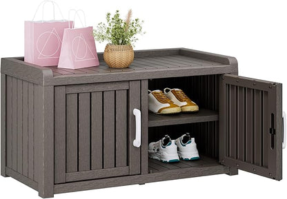 Bifanuo Shoe Storage Cabinet, 2-Door Outdoor Storage Bench with Adjustable Shelves, Waterproof UV-Resistant for Hallway, Living Room, Entryway, Large Capacity Modern Organizer (Grey)