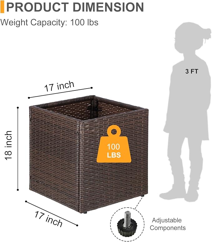 SUNNYPARK Brown Square Planter Box Rattan for Outdoors 17x17x18inch | All-Weather, Handmade PE Rattan, Removable Liner, Indoor Outdoor, Patio Porch Garden, Modern Design for Plants Flowers