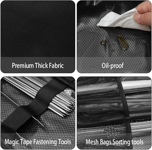 Grill Accessory Storage Bag, Tool Storage for Outdoor Grilling Utensil Holder with Inner Mesh Pockets and Magic Tape, Black Hardware BBQ Tools Storage Container for Camping Hiking Barbecue