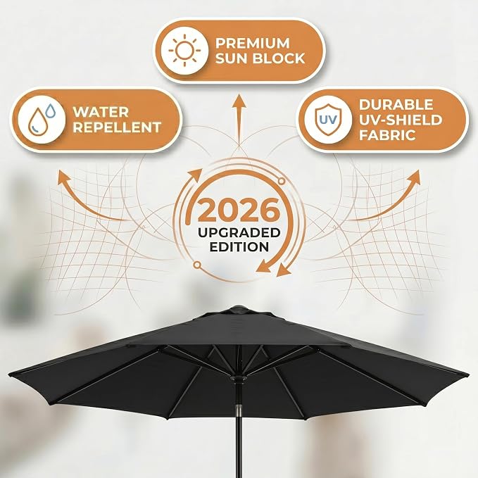 Greesum 9FT Outdoor Patio Umbrella, Table Umbrella for Yard, Market, Heavy-Duty Waterproof Pool Umbrella with 8 Sturdy Ribs, UV Protection for Beach, Deck, Garden, Backyard