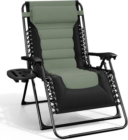 Nestl Padded Oversized Zero Gravity Chair, XL Folding Outdoor Lounge Chair | Adjustable Headrest, Cup Holder & Side Tray, Support 330 LBS, Reclining & Foldable, For Patio & Camping, Black/Sage Green