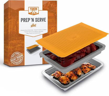 5-Piece BBQ Prep and Serve Set with Marinade Tray | Stainless serving tray, aluminum defrost board, cutting board, snap-on lid, marinade tray.