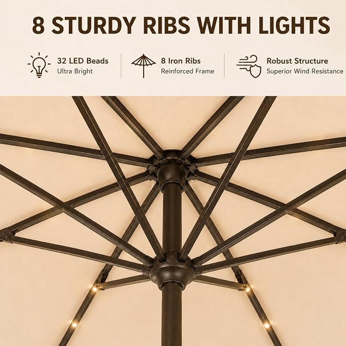 11FT Solar Lighted Patio Umbrella, Outdoor Table Market Umbrellas with Crank Lift, 32 LED Lights, 8 Sturdy Ribs, UV-Resistant for Deck, Garden, Pool
