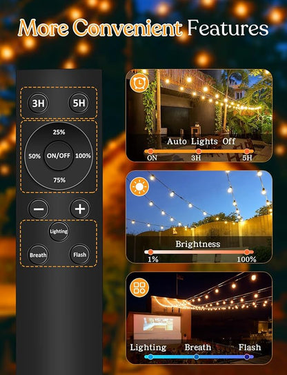 150ft Solar Outdoor String Lights with Remote - USB Rechargeable Solar Powered Outdoor Patio Lights - Timer, Dimmable Shatterproof ST38 Bulbs for Backyard, Garden, Pool