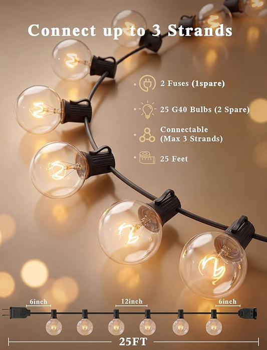 Abeja 25Ft Outdoor Patio String Lights, G40 Outdoor Globe String Lights with 27 Clear Bulbs, Hanging Light for Porch Backyard Deck Bars Wedding Indoor Decor, E12 Base, 5W Black Wire