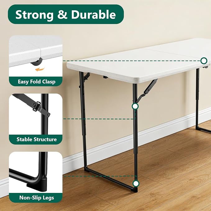 2 Pack Folding Table, 4FT Foldable Picnic Table with Adjustable Height, Heavy Duty Fold-in-Half Portable Table for Weddings, Camping, RV Travel, Parties, BBQs, and Indoor Use, Easy to Fold and Store