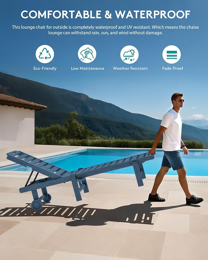 SERWALL HDPE Outdoor Chaise Lounge Set of 2 with Cup Holder & Wheels, Blue | Weather-resistant chaise lounge resists fading, with 5-level adjustable back, cup holder and wheels.