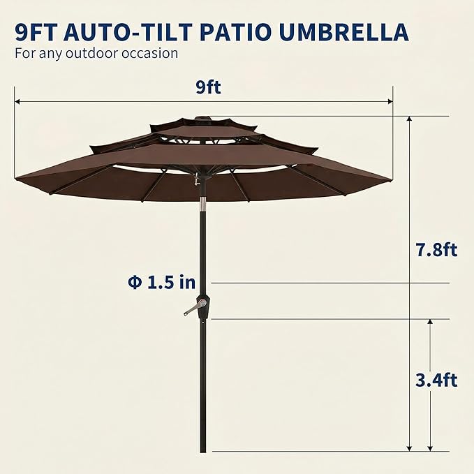 10FT Patio Umbrella 3 Tiers Outdoor Market Umbrella w/Push Button Tilt, Crank, UV and Waterproof Table Umbrella for Garden, Pool, Backyard, Deck, Lawn, Brown