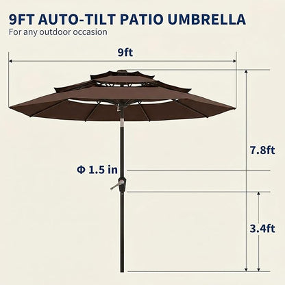 10FT Patio Umbrella 3 Tiers Outdoor Market Umbrella w/Push Button Tilt, Crank, UV and Waterproof Table Umbrella for Garden, Pool, Backyard, Deck, Lawn, Brown