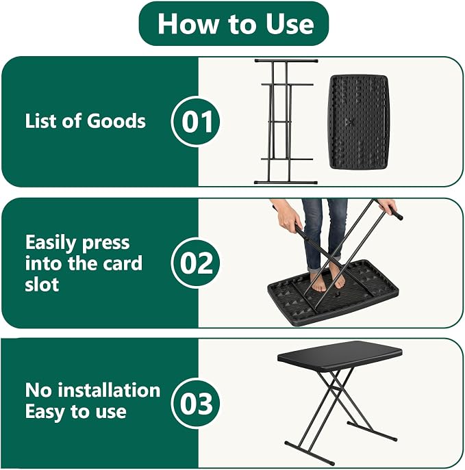 30in Folding Table, Portable Picnic Table with Adjustable Height, Foldable TV Tray Table & Laptop Desk for Small Spaces, Patio, Camping, BBQ, No Assembly Needed, Black