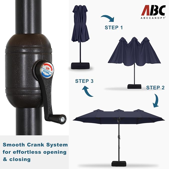 ABCCANOPY 15FT Double-Sided Rectangle Patio Umbrella with Base, Navy Blue | Rectangular Outdoor Table Umbrella with Crank, Heavy Duty Market Umbrella Shade for Garden,Poolside, Lawn, Backyard