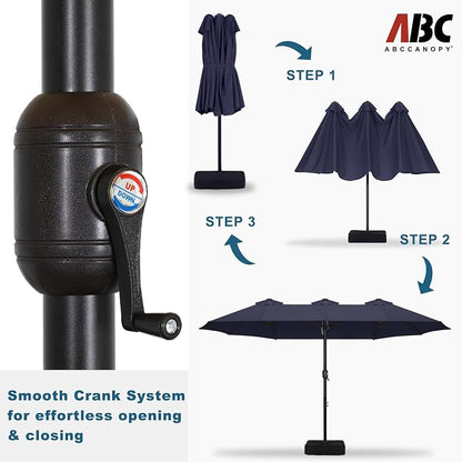 ABCCANOPY 15FT Double-Sided Rectangle Patio Umbrella with Base, Navy Blue | Rectangular Outdoor Table Umbrella with Crank, Heavy Duty Market Umbrella Shade for Garden,Poolside, Lawn, Backyard