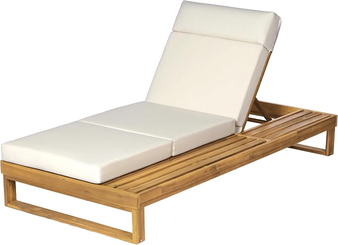 Merax Teak Finish Acacia Wood Chaise Lounge with 4-Inch Beige 4-Fold Cushion Set, Adjustable Outdoor Patio Lounger with Flat Side Surface, for Poolside