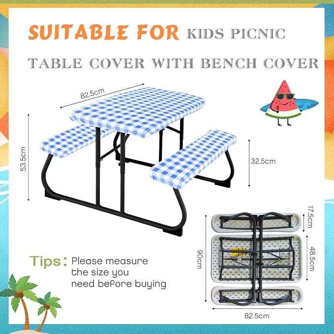 Moukeren 3 Pieces Picnic Table Cover for Kids with Bench Covers Fitted Tablecloth for Outdoors Vinyl Waterproof Cloth for Camping Home Goods Indoor Outdoor Patio BBQ(Blue, White)