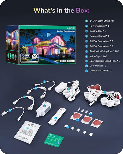 EDISHINE 120ft Smart Outdoor Permanent Lights, 80 RGB+IC LED Eave Lights, App/Voice/Remote Control, 50 Scene Modes for Party & Holiday Decor, IP67 Waterproof Outdoor Decor Lights