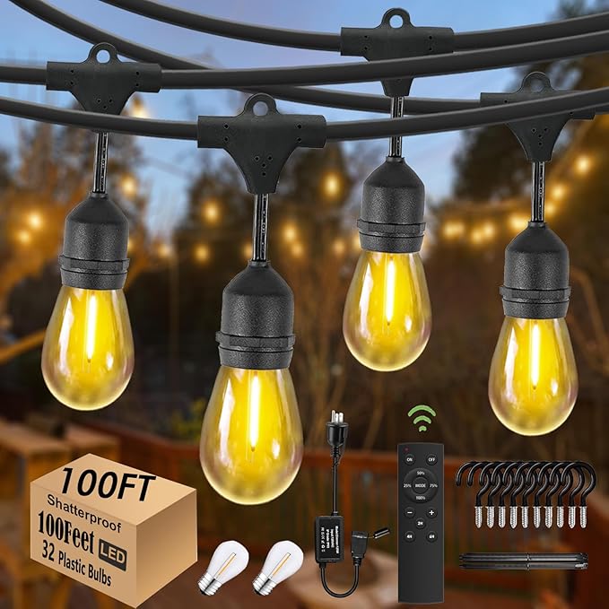 100ft Gazebo Lights with Remote & Dimmer,Patio String Lights with Timer | String lights outdoor with 3 Lighting modes for Patio Backyard Gazebo Pergola Café