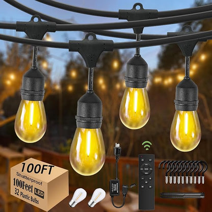 100ft Gazebo Lights with Remote & Dimmer,Patio String Lights with Timer | String lights outdoor with 3 Lighting modes for Patio Backyard Gazebo Pergola Café