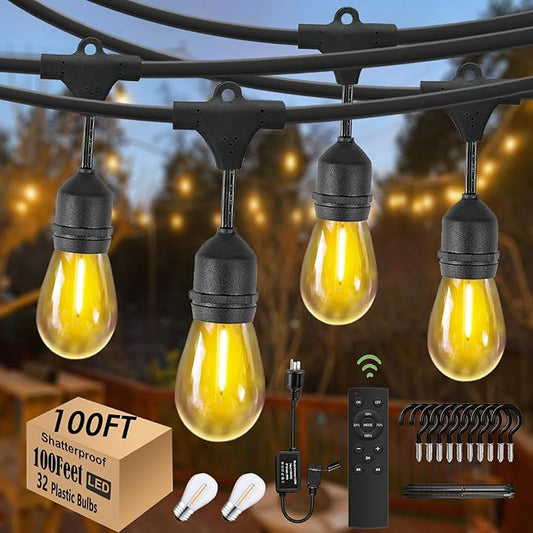 100ft Gazebo Lights with Remote & Dimmer,Patio String Lights with Timer | String lights outdoor with 3 Lighting modes for Patio Backyard Gazebo Pergola Café