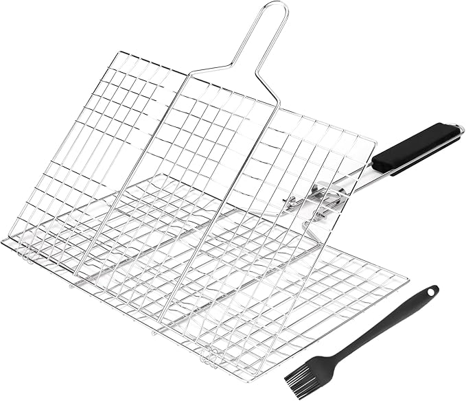 Fish & Vegetable Grill Basket,Portable Stainless Steel BBQ Grill Basket,Folding Outdoor Camping BBQ Rack for Fish, Shrimp, Vegetables, Barbeque Griller Cooking Accessories (Silver)