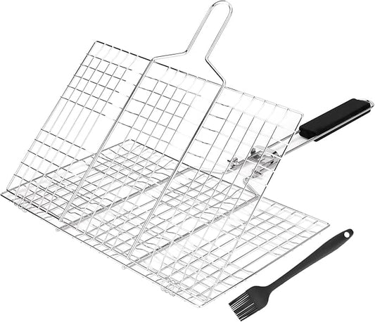 Fish & Vegetable Grill Basket,Portable Stainless Steel BBQ Grill Basket,Folding Outdoor Camping BBQ Rack for Fish, Shrimp, Vegetables, Barbeque Griller Cooking Accessories (Silver)