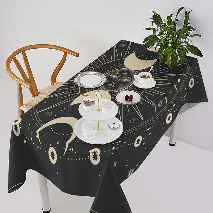 Vintage Moon Sun Tablecloth Moon Phase Star Galaxy Zodiac Signs Moonlight Table Cloth Water Resistant Wipeable Table Cover for Farmhouse Picnic Party Holiday Kitchen Dinner Table 55"x55"