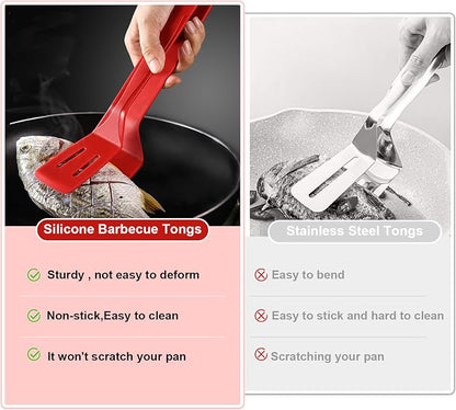 Silicone Cooking Tongs 11" Stainless Steel, BBQ Clamp Spatula for Grilling | 11-inch silicone tongs, stainless steel BBQ spatula clamp for bread, steak, fish, salad, red, heat-resistant