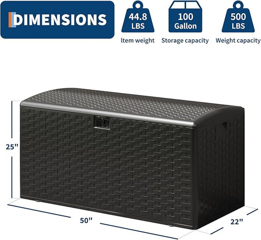 Garvee 100 gal Outdoor Storage Box, Lockable Plastic Deck Box with Lid, Waterproof & UV-Resistant Storage Bin for Patio Cushions, Garden Tools & Pool Accessories, Black