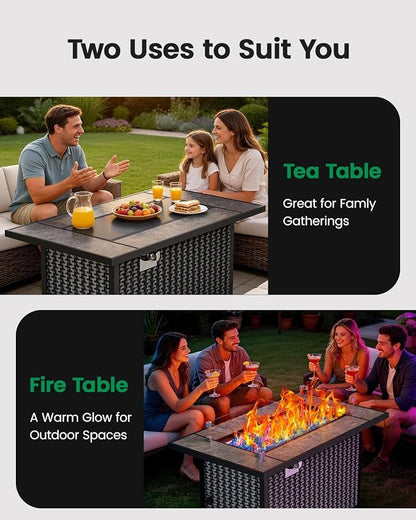 Ciays 43″ Fire Pit Table, with Ceramic Tabletop for Outside Patio & Party | Premium Ceramic Tabletop; Includes Glass Wind Guard & Lid & Glass Rocks; 50,000 BTU Heat; CSA Certified