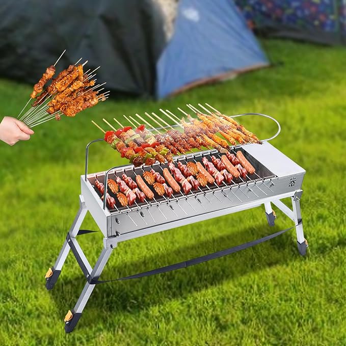 Automatic Flip BBQ Stove Electric Charcoal Grill Stainless Steel Camping Barbecue Machine Sliver USB(Folding Size:27 * 9.5 * 4.7inch)