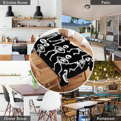 Swono Skeletons Tablecloth Funny Halloween Skulls Different Poses Decorative Table Cover for Kitchen, Party Banquet and Holiday Tablecloth, 52x70 Inch(4-6 Seats), Black