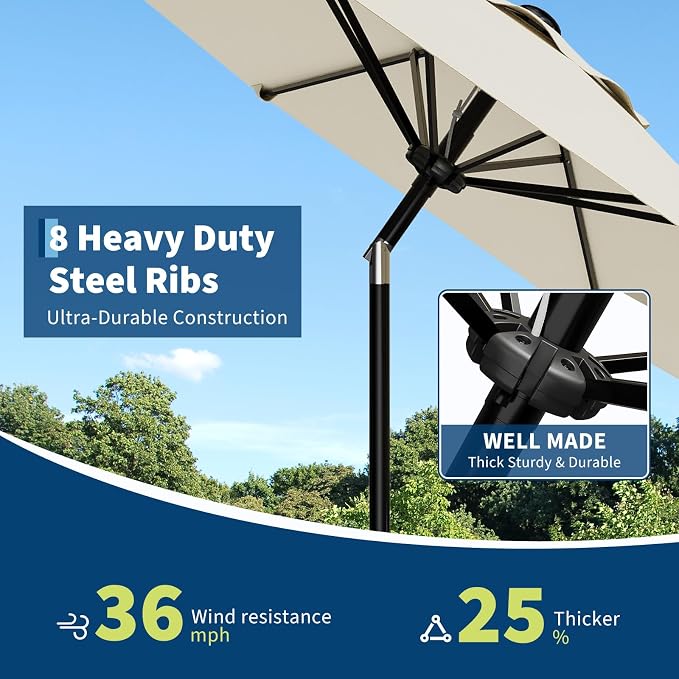 GarveeLife 9FT Patio Umbrella Outdoor, Market Umbrella, Table Umbrella with Push Button Tilt and Crank, 8 Sturdy Ribs UV Protection Waterproof for Garden, Pool, Deck, | Table Umbrella UV Protection Waterproof for Garden, Pool, Market, Deck (Beige White)