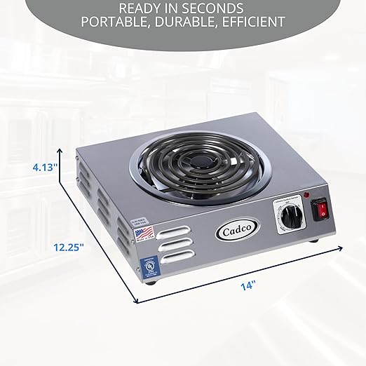 Cadco CSR-3T 14" Electric Portable Countertop Hi-Power Hot Plate with One Tubular Burner, Stainless Steel, 220 Volts