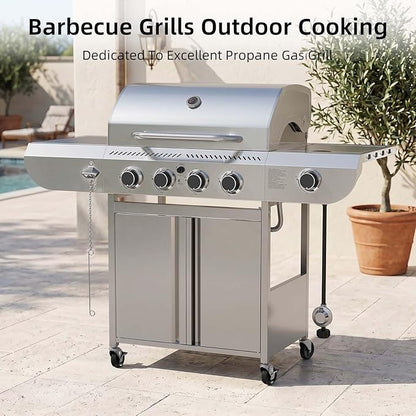 COWSAR 4-Burner Gas Grill, 42000 BTU BBQ Grill, Stainless Steel Barbecue Grill with Side Burner, Enameled Cast Iron Grill, Pull-Out Oil Tray, Suitable For Outdoor, Backyard Barbecues