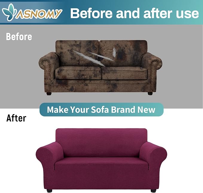 Asnomy Stretch Couch Covers Washable, loveseat Cover Slipcovers,Wine Red | 1-Piece Sofa Cover(55"-78") loveseat cover Furniture Protector Soft Jacquard,Non-Slip Elastic Bottom for Dogs & Kids