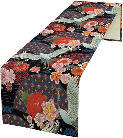Japanese Table Runner Oriental Vintage Asian Chinese Traditional Cranes Florals Dinner Runner Table Decoration for Home Kitchen Dining Table Party Decoration 13x108in