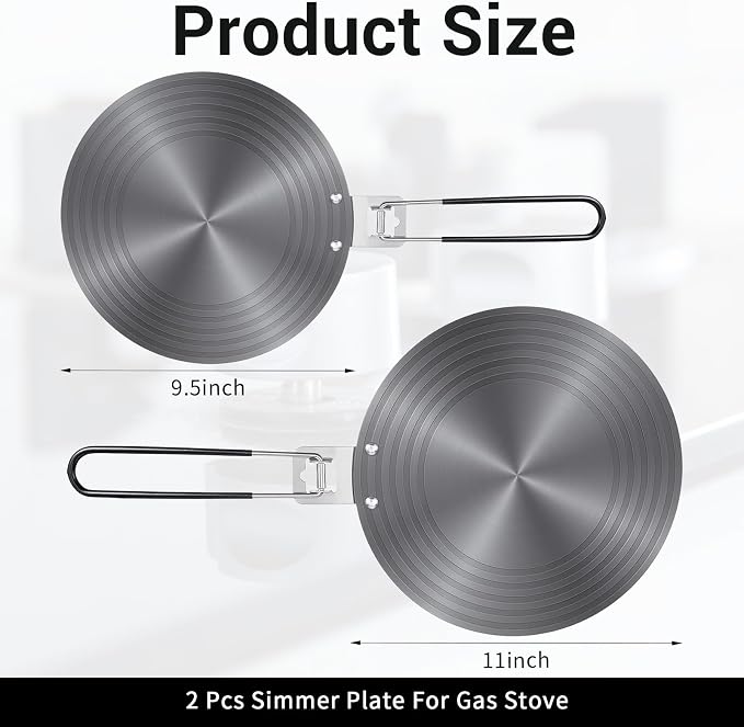 2-Pack Heat Diffuser for Gas Stove with Foldable Handle, 9.5" & 11" Gas Stove Diffuser Plate for Even Heating, Aluminum Simmer Plate for Electric Stoves, Defrosting Tray, Flame Guard