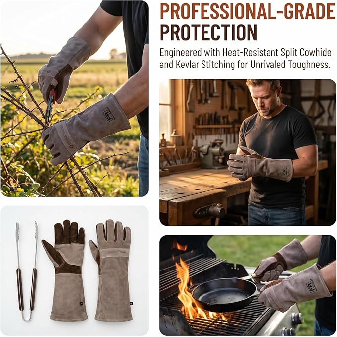 Leather Welding Gloves for Men,Long Sleeve Fireproof and Heat Resistant Mitts for Firefighting,Fireplace,Oven,Baking,BBQ,Stove,Pot Holder,Yard Work Thorn Proof (Brown Large)