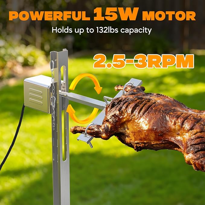 onlyfire Stainless Steel Pig Lamb Roaster with 15W 110V Powerful Motor | Spit Rotisserie Kit with Adjustable Height Stand for Outdoor Cooking, Camping, Holds Up to 132LBS