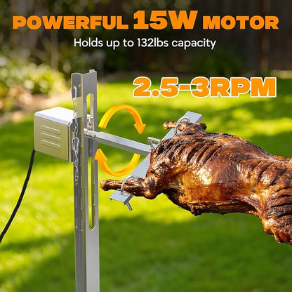 onlyfire Stainless Steel Pig Lamb Roaster with 15W 110V Powerful Motor | Spit Rotisserie Kit with Adjustable Height Stand for Outdoor Cooking, Camping, Holds Up to 132LBS