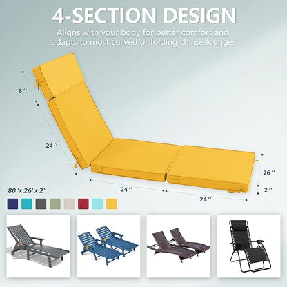 80 x 26 Inch Outdoor Chaise Lounge Cushions Set of 2 - Removable Cover, 4-Section Design, Water-Repellent & Fade-Resistant, 6 Tie Straps, Replacement for Patio & Pool Chairs - Yellow